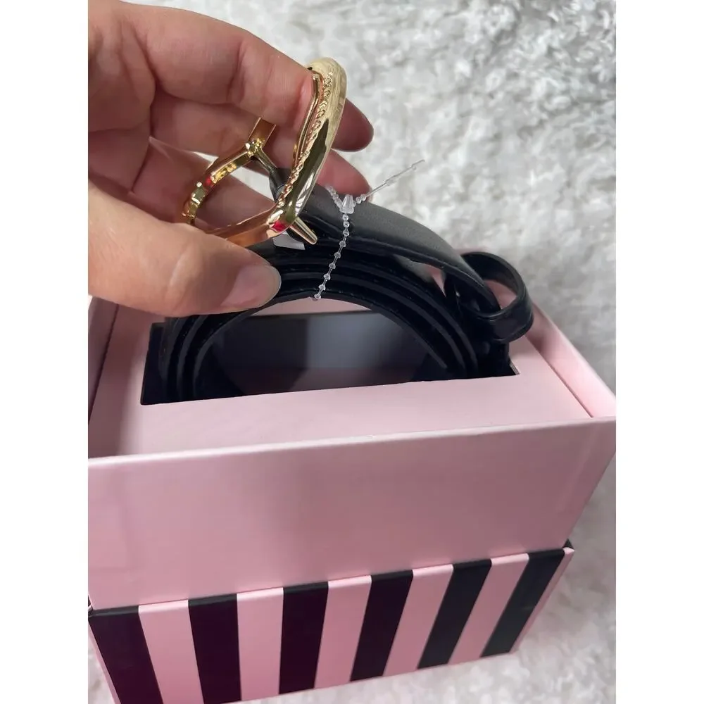 Juicy Couture Black Belt Heart shaped Buckle Gold Tone Adjustable Size M/L NEW